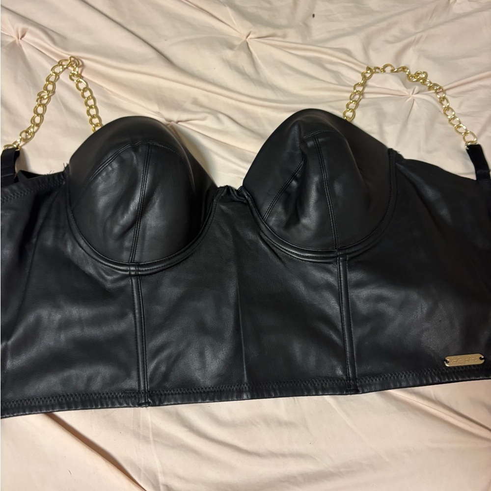 Black Faux Leather Bra with Gold Chain Straps